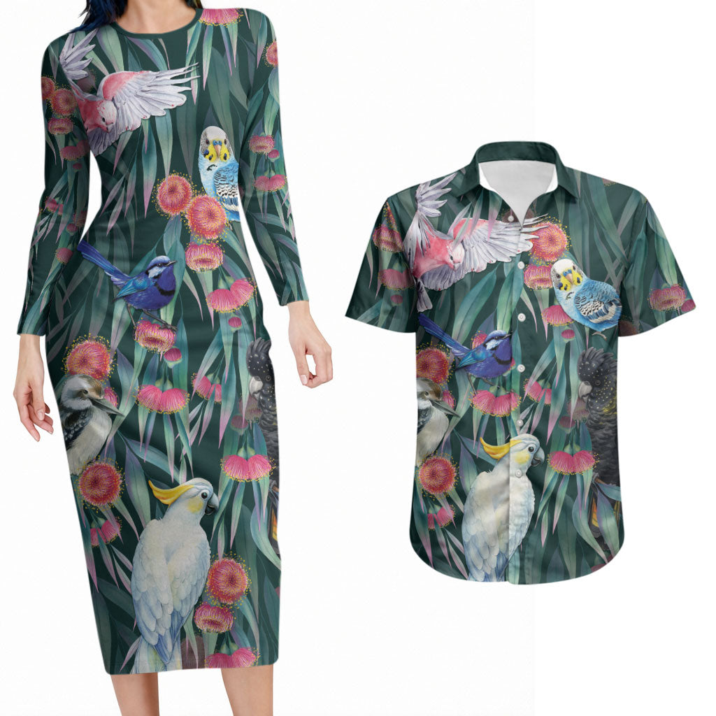Australia Native Birds on Eucalyptus Couples Matching Long Sleeve Bodycon Dress and Hawaiian Shirt Dark Teal
