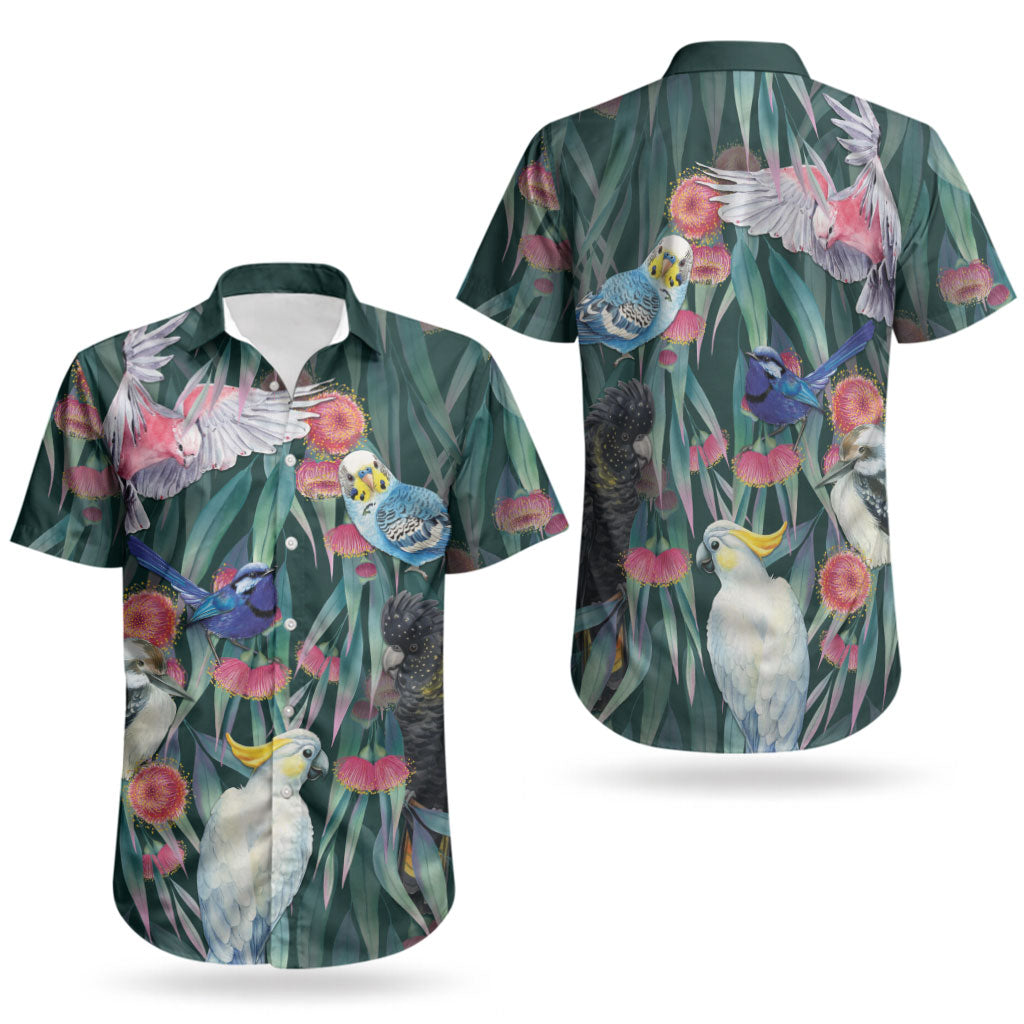 Australia Native Birds on Eucalyptus Couples Matching Long Sleeve Bodycon Dress and Hawaiian Shirt Dark Teal