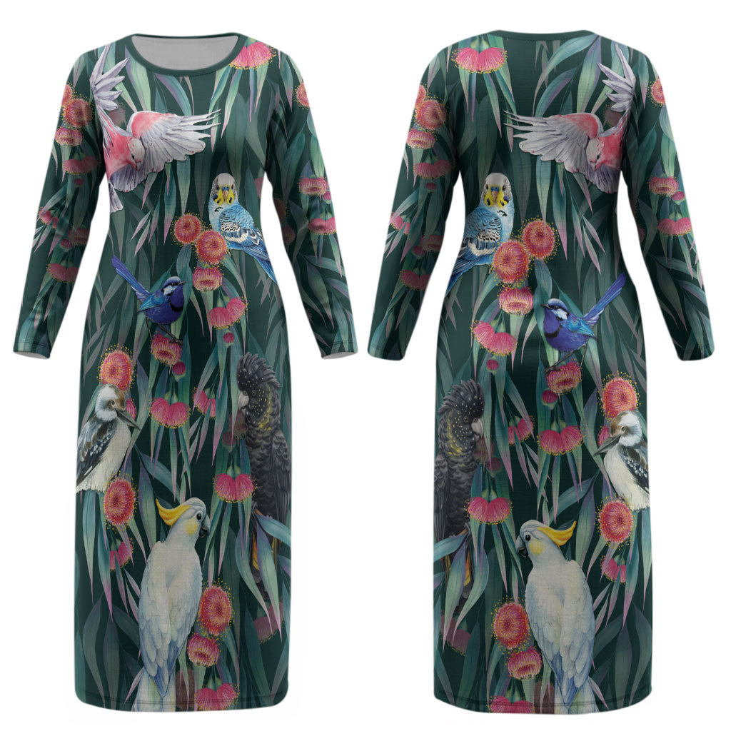 Australia Native Birds on Eucalyptus Couples Matching Long Sleeve Bodycon Dress and Hawaiian Shirt Dark Teal