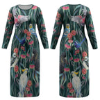 Australia Native Birds on Eucalyptus Couples Matching Long Sleeve Bodycon Dress and Hawaiian Shirt Dark Teal