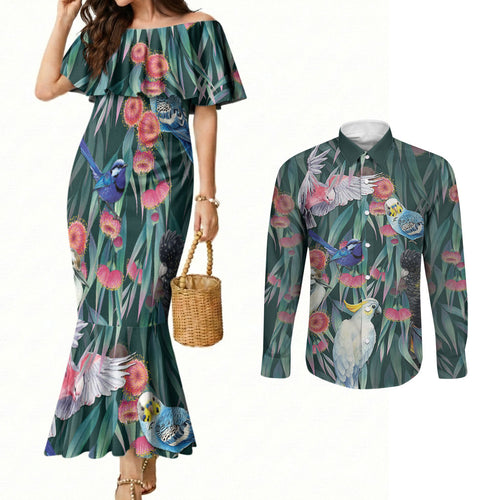 Australia Native Birds on Eucalyptus Couples Matching Mermaid Dress and Long Sleeve Button Shirt Dark Teal