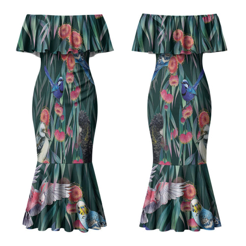 Australia Native Birds on Eucalyptus Couples Matching Mermaid Dress and Long Sleeve Button Shirt Dark Teal