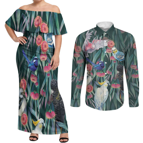 Australia Native Birds on Eucalyptus Couples Matching Off Shoulder Maxi Dress and Long Sleeve Button Shirt Dark Teal