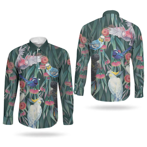 Australia Native Birds on Eucalyptus Couples Matching Off Shoulder Maxi Dress and Long Sleeve Button Shirt Dark Teal