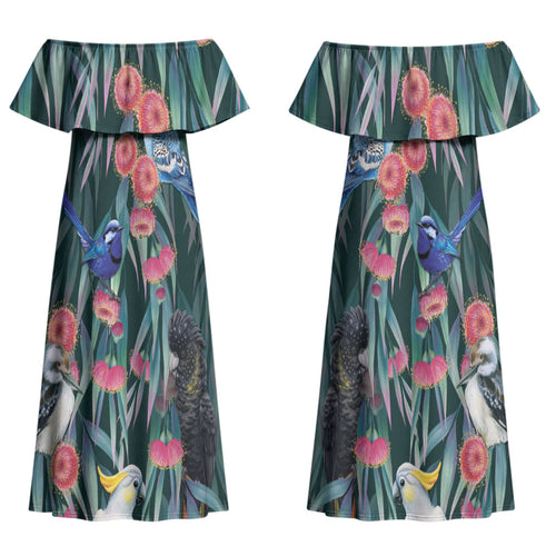 Australia Native Birds on Eucalyptus Couples Matching Off Shoulder Maxi Dress and Long Sleeve Button Shirt Dark Teal