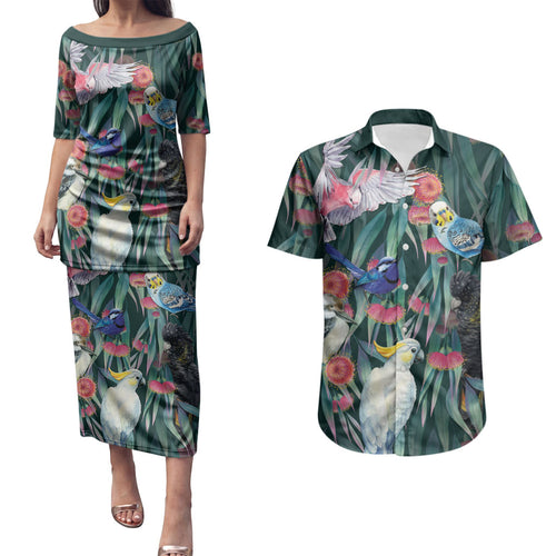 Australia Native Birds on Eucalyptus Couples Matching Puletasi and Hawaiian Shirt Dark Teal