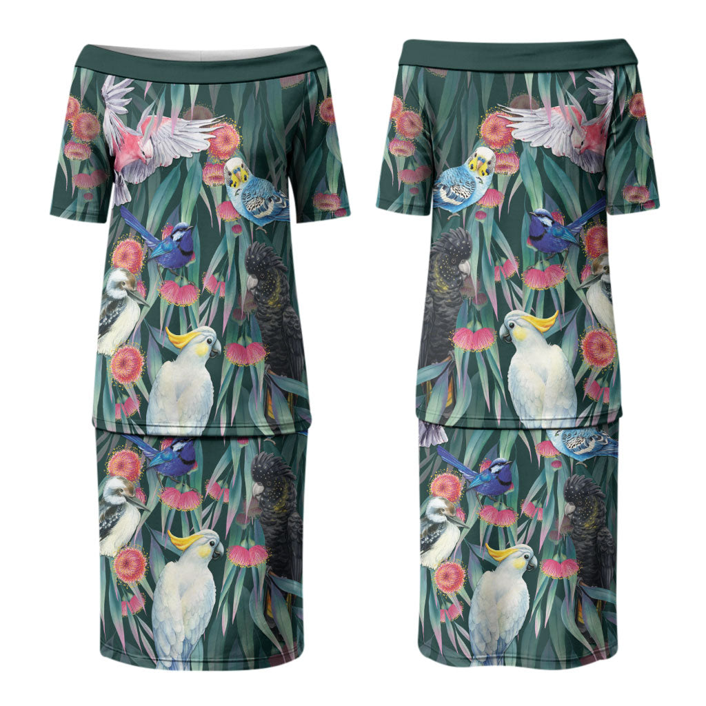 Australia Native Birds on Eucalyptus Couples Matching Puletasi and Hawaiian Shirt Dark Teal