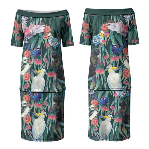 Australia Native Birds on Eucalyptus Couples Matching Puletasi and Hawaiian Shirt Dark Teal