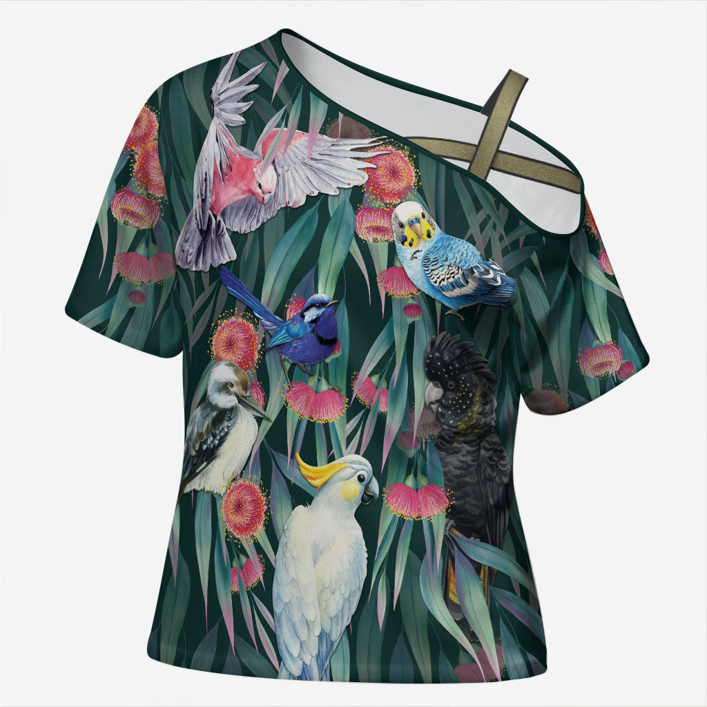 Australia Native Birds on Eucalyptus Cross Shoulder Shirt Dark Teal