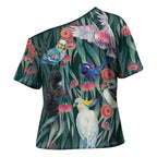Australia Native Birds on Eucalyptus Cross Shoulder Shirt Dark Teal