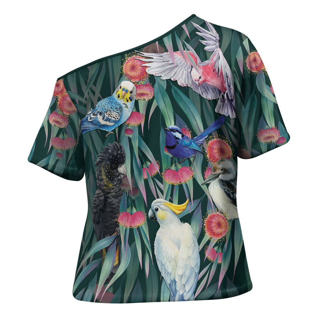 Australia Native Birds on Eucalyptus Cross Shoulder Shirt Dark Teal