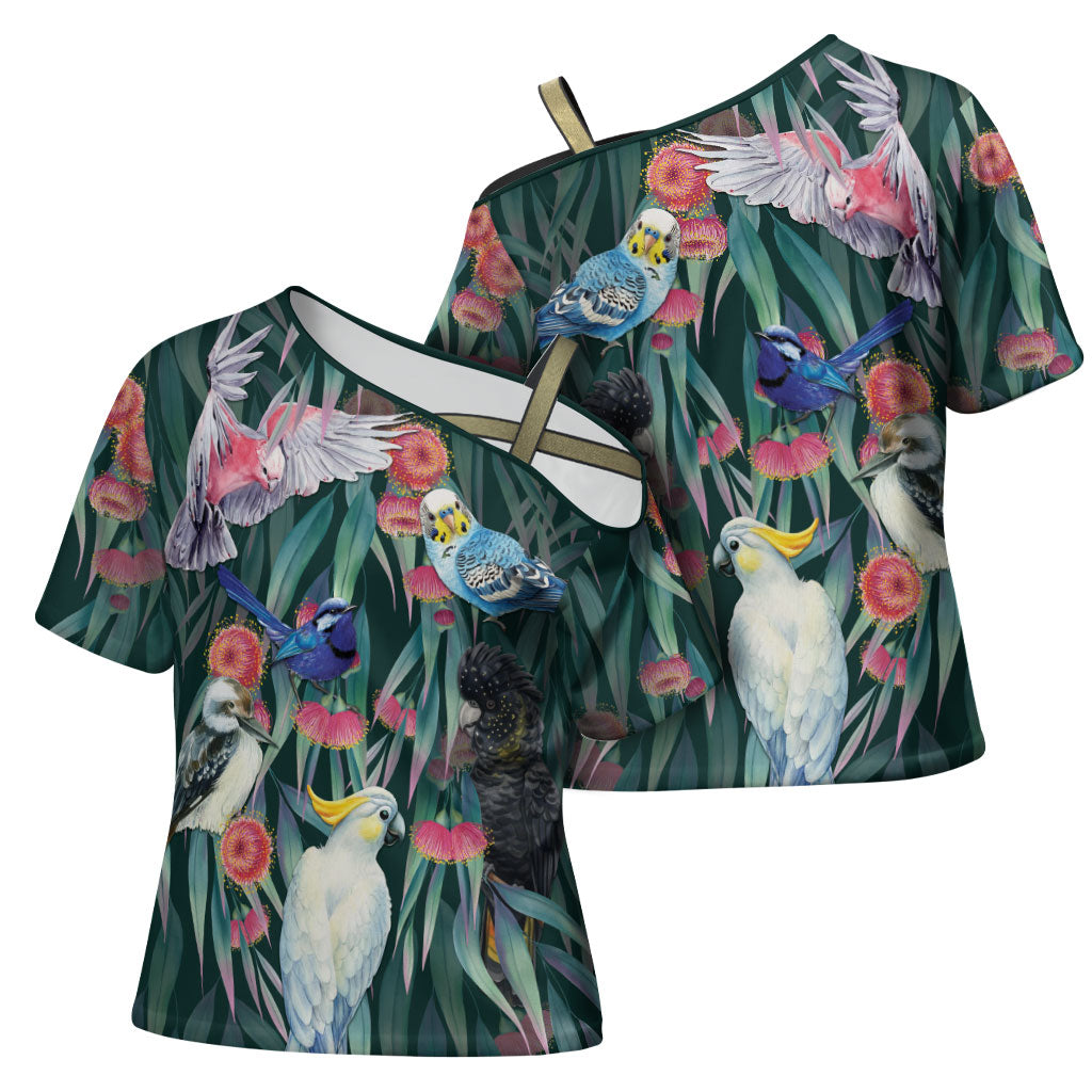 Australia Native Birds on Eucalyptus Cross Shoulder Shirt Dark Teal