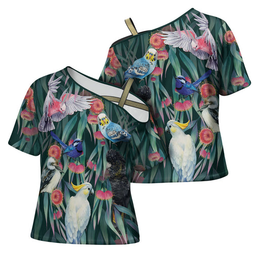 Australia Native Birds on Eucalyptus Cross Shoulder Shirt Dark Teal