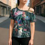 Australia Native Birds on Eucalyptus Cross Shoulder Shirt Dark Teal