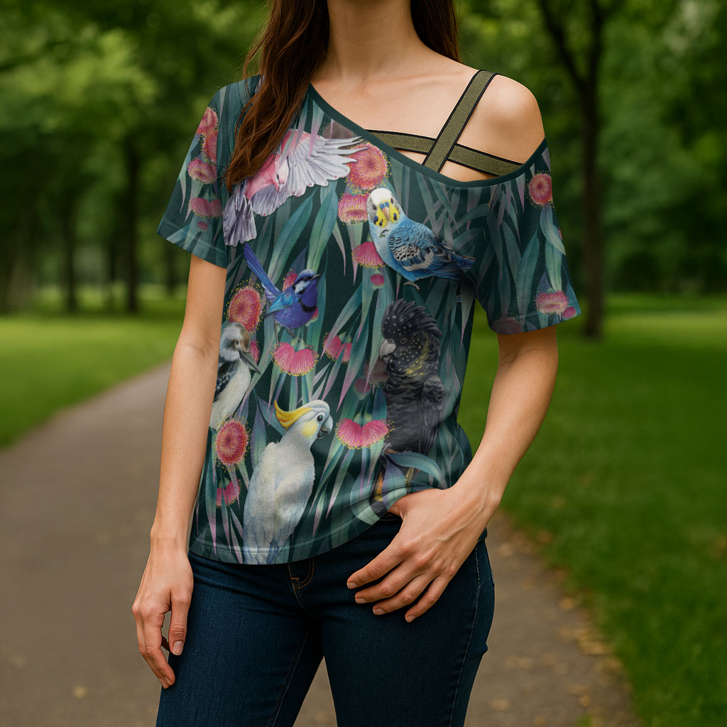 Australia Native Birds on Eucalyptus Cross Shoulder Shirt Dark Teal