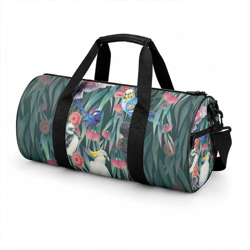 Australia Native Birds on Eucalyptus Duffle Bag Dark Teal