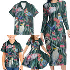 Australia Native Birds on Eucalyptus Family Matching Long Sleeve Bodycon Dress and Hawaiian Shirt Dark Teal