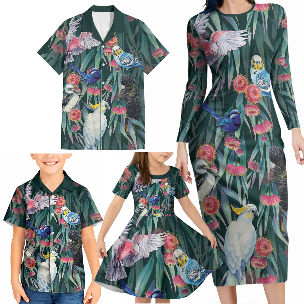 Australia Native Birds on Eucalyptus Family Matching Long Sleeve Bodycon Dress and Hawaiian Shirt Dark Teal