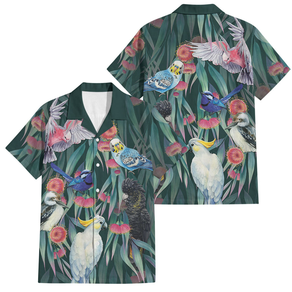Australia Native Birds on Eucalyptus Family Matching Long Sleeve Bodycon Dress and Hawaiian Shirt Dark Teal