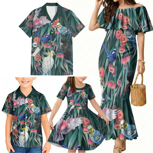 Australia Native Birds on Eucalyptus Family Matching Mermaid Dress and Hawaiian Shirt Dark Teal