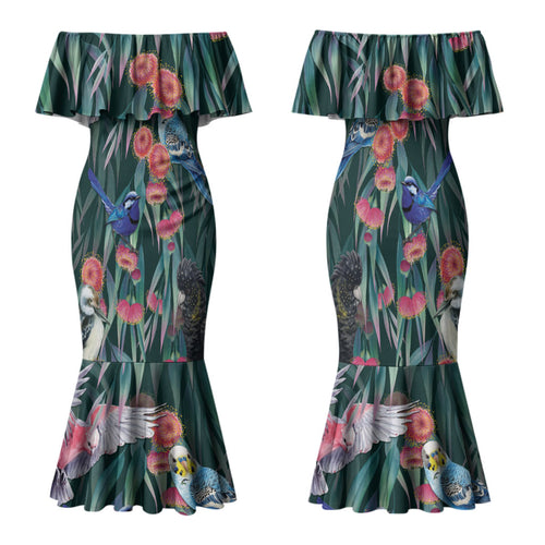 Australia Native Birds on Eucalyptus Family Matching Mermaid Dress and Hawaiian Shirt Dark Teal