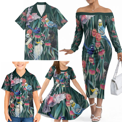 Australia Native Birds on Eucalyptus Family Matching Off The Shoulder Long Sleeve Dress and Hawaiian Shirt Dark Teal
