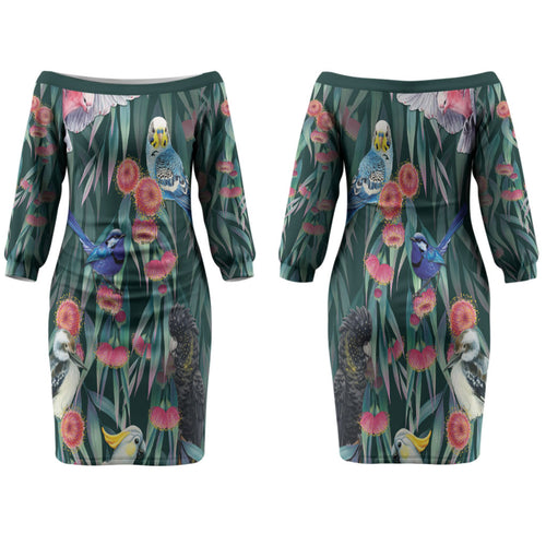 Australia Native Birds on Eucalyptus Family Matching Off The Shoulder Long Sleeve Dress and Hawaiian Shirt Dark Teal
