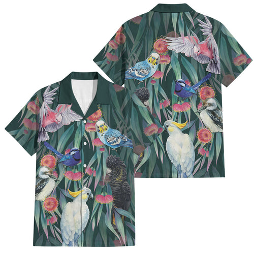 Australia Native Birds on Eucalyptus Family Matching Off The Shoulder Long Sleeve Dress and Hawaiian Shirt Dark Teal