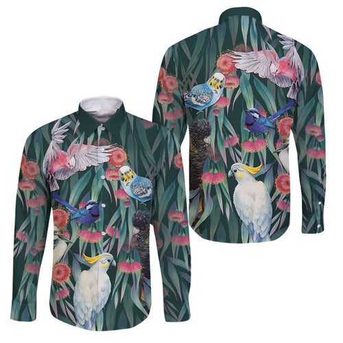 Australia Native Birds on Eucalyptus Family Matching Off The Shoulder Long Sleeve Dress and Hawaiian Shirt Dark Teal