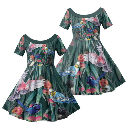 Australia Native Birds on Eucalyptus Family Matching Off The Shoulder Long Sleeve Dress and Hawaiian Shirt Dark Teal