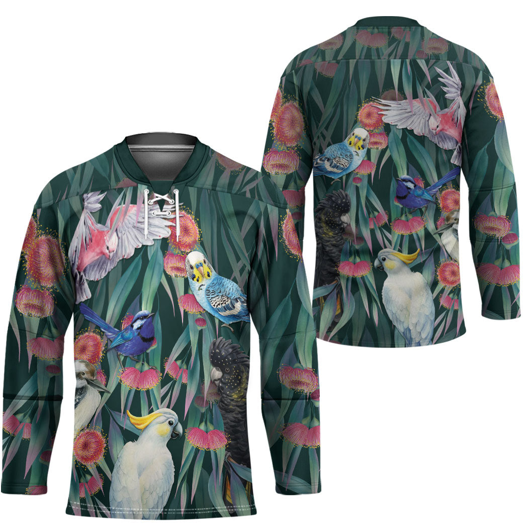 Australia Native Birds on Eucalyptus Hockey Jersey Dark Teal