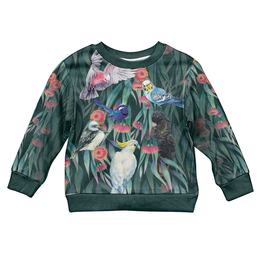 Australia Native Birds on Eucalyptus Kid Ugly Christmas Sweater Dark Teal