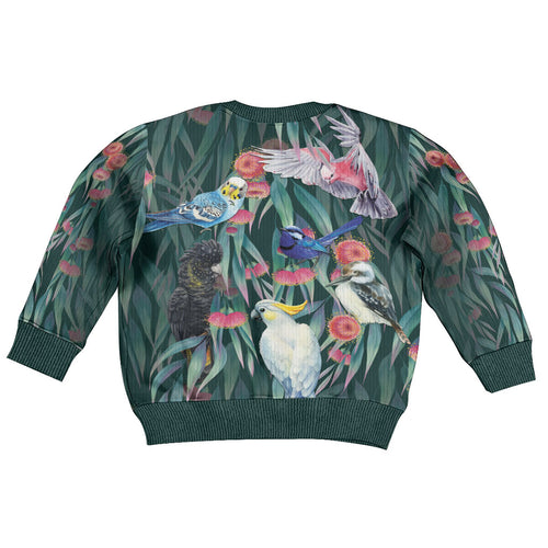 Australia Native Birds on Eucalyptus Kid Ugly Christmas Sweater Dark Teal