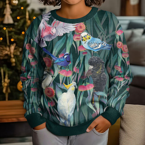 Australia Native Birds on Eucalyptus Kid Ugly Christmas Sweater Dark Teal