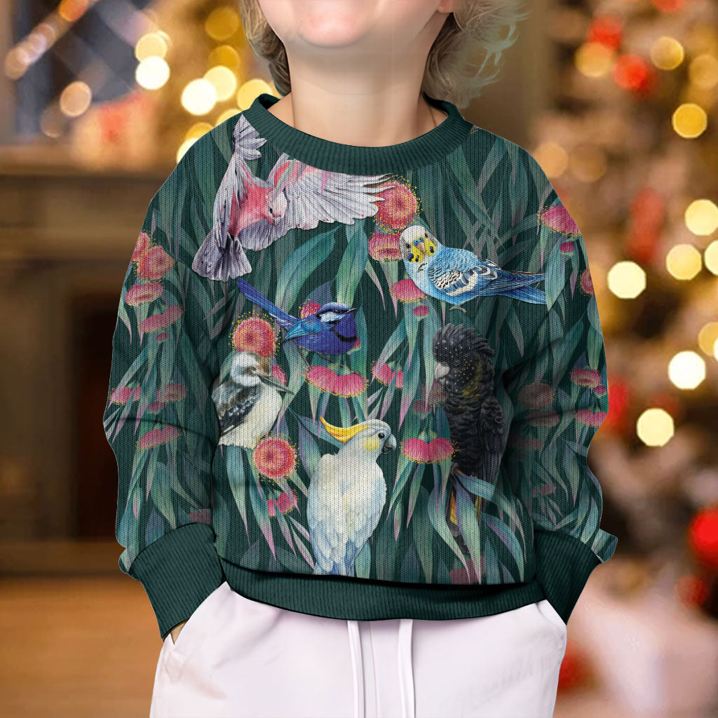 Australia Native Birds on Eucalyptus Kid Ugly Christmas Sweater Dark Teal