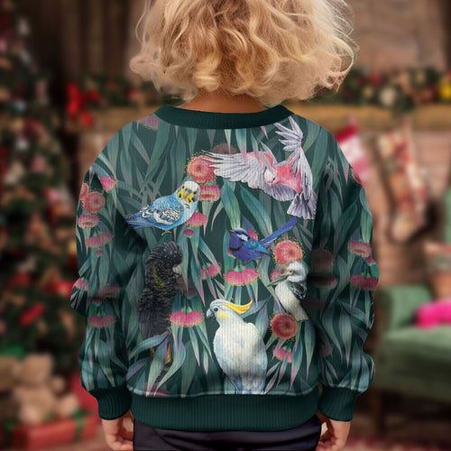 Australia Native Birds on Eucalyptus Kid Ugly Christmas Sweater Dark Teal