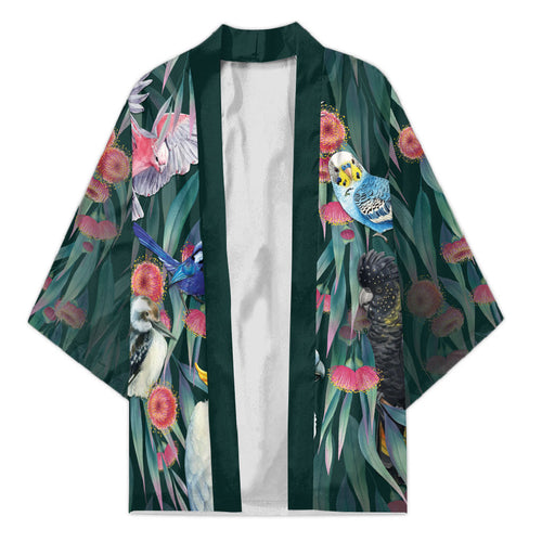 Australia Native Birds on Eucalyptus Kimono Dark Teal