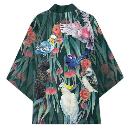 Australia Native Birds on Eucalyptus Kimono Dark Teal