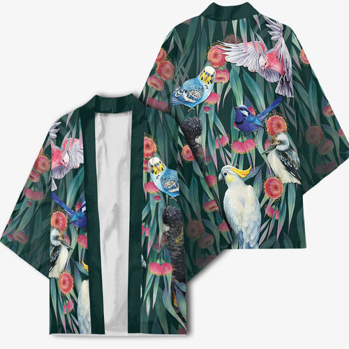 Australia Native Birds on Eucalyptus Kimono Dark Teal