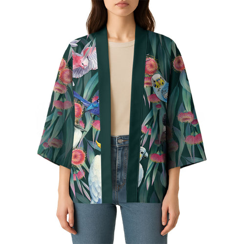 Australia Native Birds on Eucalyptus Kimono Dark Teal