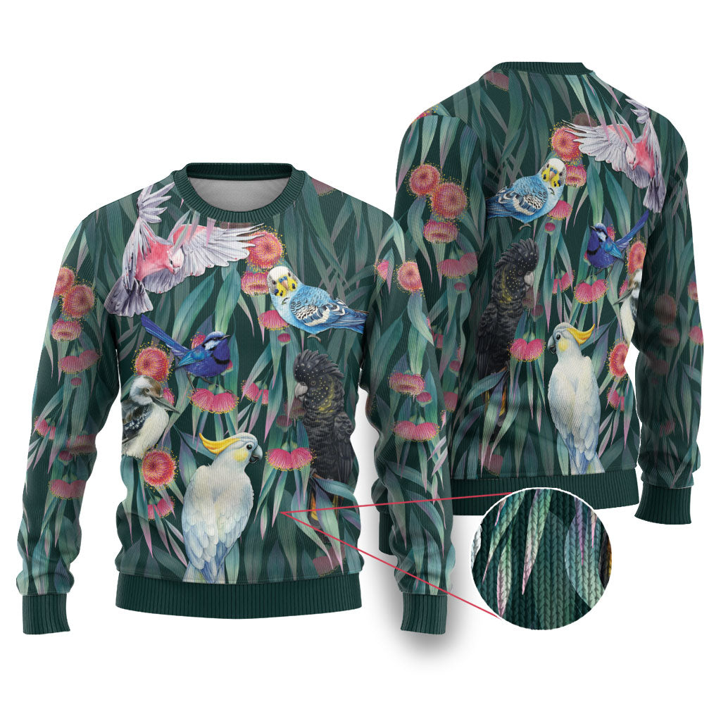 Australia Native Birds on Eucalyptus Ugly Christmas Sweater Dark Teal