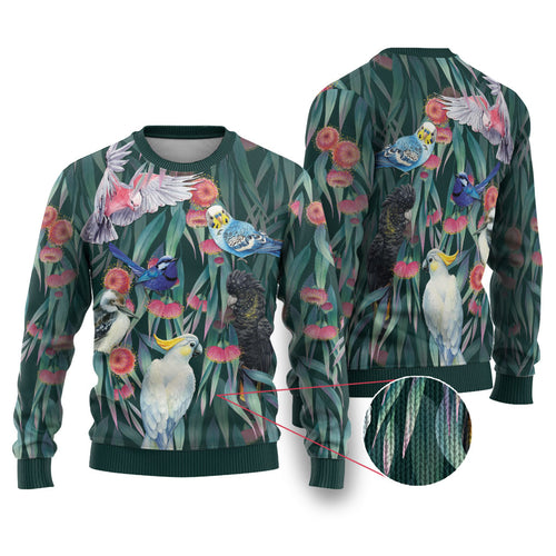 Australia Native Birds on Eucalyptus Ugly Christmas Sweater Dark Teal
