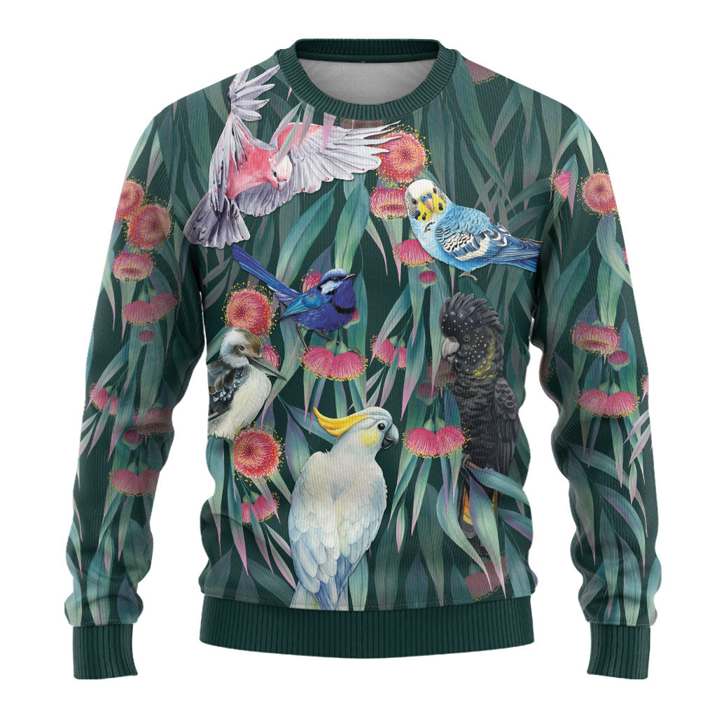Australia Native Birds on Eucalyptus Ugly Christmas Sweater Dark Teal