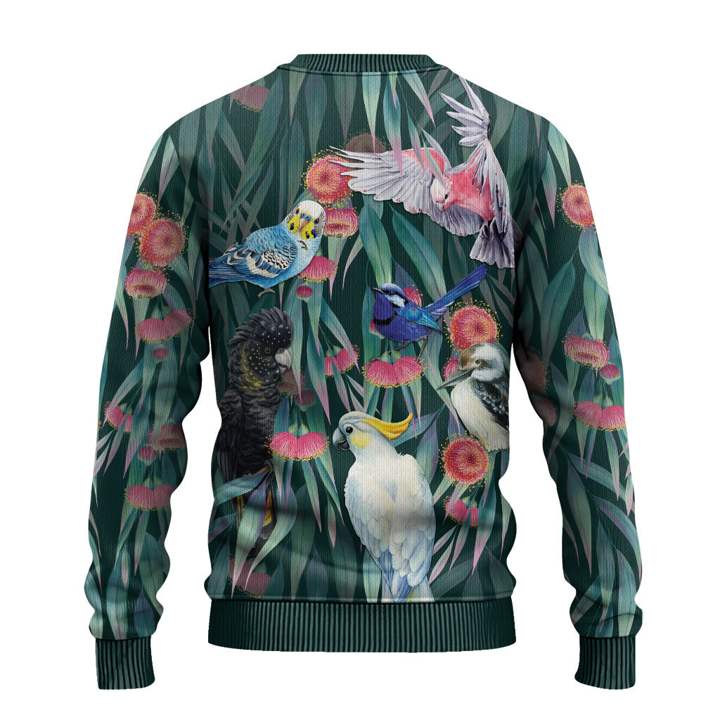 Australia Native Birds on Eucalyptus Ugly Christmas Sweater Dark Teal