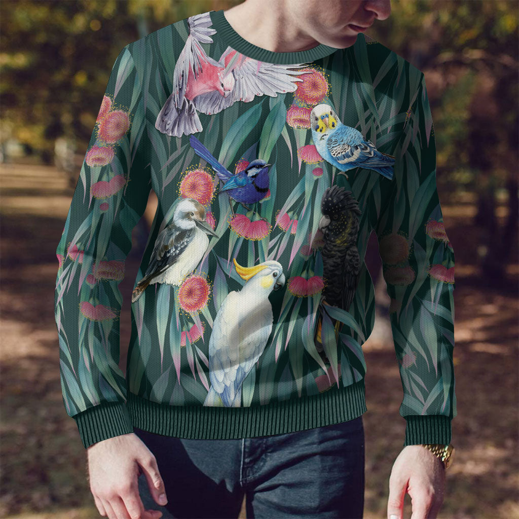 Australia Native Birds on Eucalyptus Ugly Christmas Sweater Dark Teal