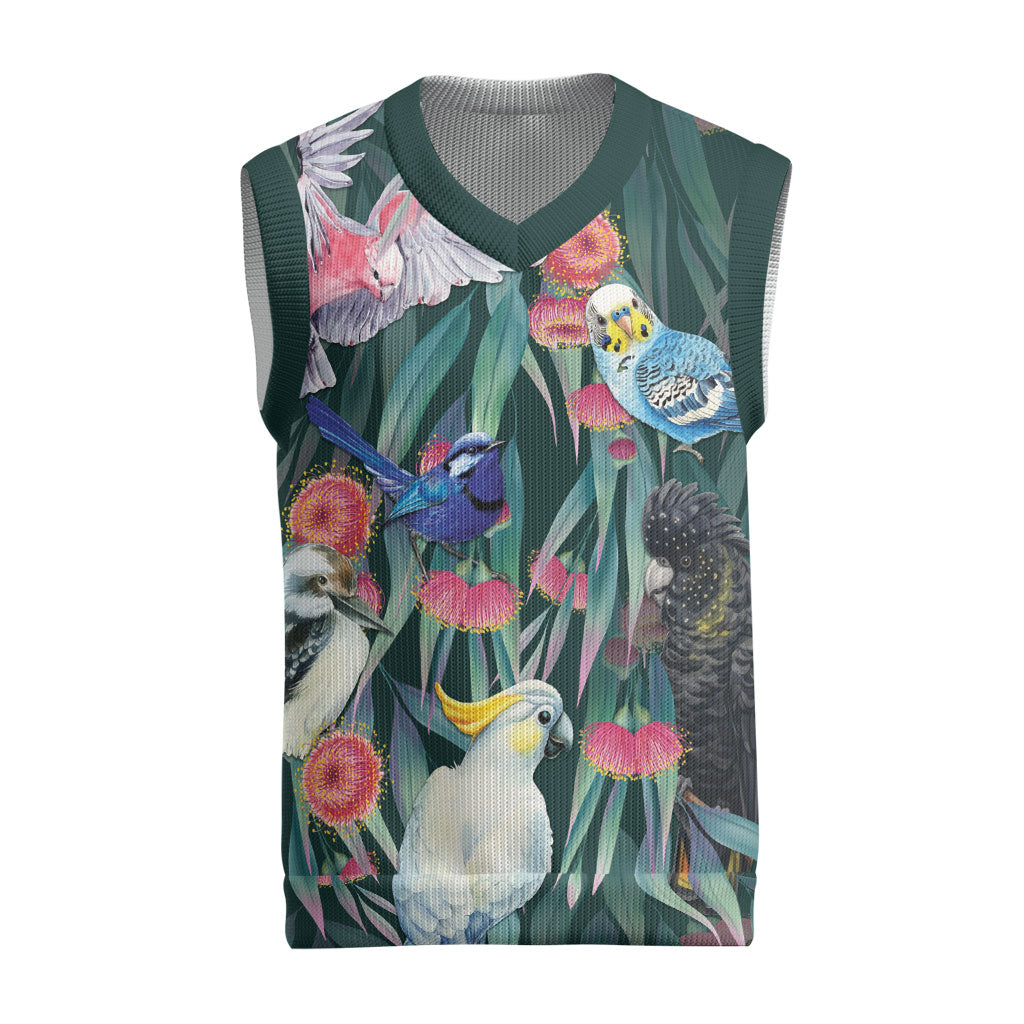 Australia Native Birds on Eucalyptus Christmas Knitted V-Neck Vest Dark Teal