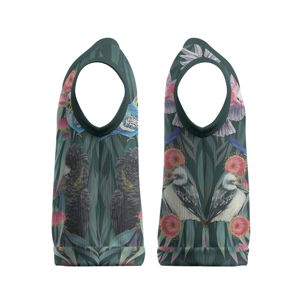 Australia Native Birds on Eucalyptus Christmas Knitted V-Neck Vest Dark Teal