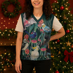 Australia Native Birds on Eucalyptus Christmas Knitted V-Neck Vest Dark Teal