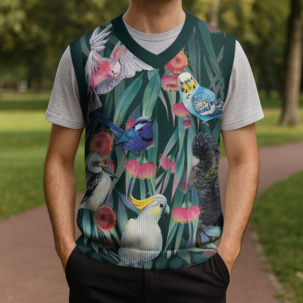 Australia Native Birds on Eucalyptus Christmas Knitted V-Neck Vest Dark Teal