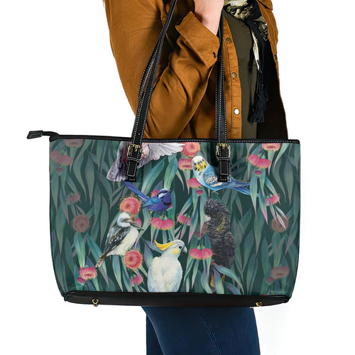 Australia Native Birds on Eucalyptus Leather Tote Bag Dark Teal